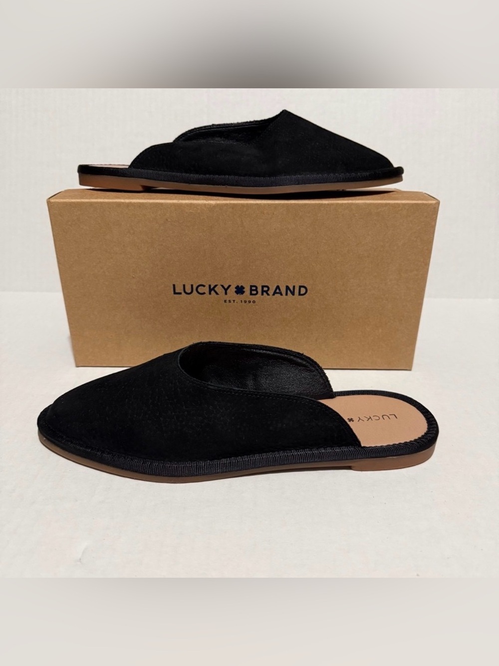 Lucky Brand Black Suede Leather Rounded Pointy Slip-On Mules